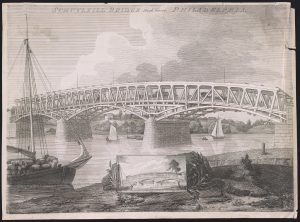 A black and white illustration of an uncovered wooden bridge spanning a river