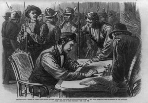 Black and gray illustration depicting Robert Ammon sitting at a table, reading a document, surrounded by several men.