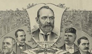Uriah Stephens founded the Knights of Labor, the first national industrial union in the United States, in Philadelphia in December 1869 and led the organization until he resigned his post as Grand Master Workman in 1879. In this 1886 Kurz & Allison lithograph (seen in full in the media gallery), Stephens is honored as the "Founder of the Knights of Labor." (Library of Congress)