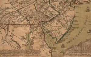 Detail from a 1749 map shows the area that later became Delaware, labeled Delaware Counties, in the center bottom portion.