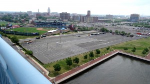 The parking lots on Camden's Delaware riverfront, an area that once was packed with industrial buildings, were named in September 2015 as the proposed site of a $1 billion office, residential, and commercial complex. (Photograph by Donald D. Groff for the Encyclopedia of Greater Philadelphia) 