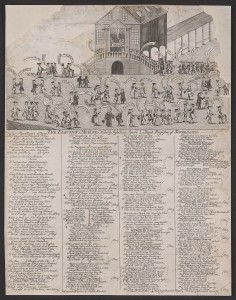 A cartoon that shows the old courthouse in Philadelphia during the 1764 election.