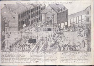 A black and white drawing of a crowd in the middle of a street. Some people are dressed in military outfits and are standing in rows, other people are dressed in civilian clothing and are in crowds watching the vents. The center of the image includes a depiction of a cannon. The people are in front of the first courthouse of Philadelphia, which has two stairways leading to the front of the brick building. 