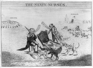 A 1781 London print shows the Earl of Mansfield, seated, and the Earl of Sandwich keeping watch over the British lion, who is asleep in a cradle surrounded by four barking dogs labeled “Holland,” “America” (urinating on a paper labeled “Tea Act”), “France,” and “Spain”.