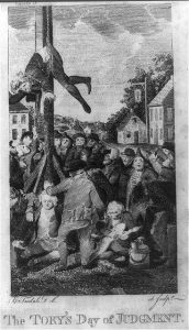An engraving showing colonists preparing to tar and feather a Loyalist.
