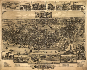 A sepia-tone birds eye map of the City of Chester with important buildings enlarged in the upper and lower margins