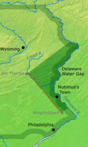A color map of the eastern side of Pennsylvania, with parts of Western New Jersey. The map is shaded to show the size of the Walking Purchase. Some areas are labeled. 