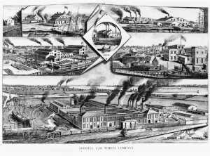 A black and white illustration of the Lobdell Car Wheel Company's facories as they appeared in the late nineteenth century. The factories has numerous smoke stacks with billowing smoke arising from several connected buildings. Railway cars travel through covered sheds in the foreground. Vignettes above show earlier factories owned by the company.